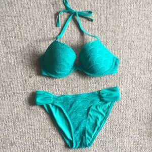 Teal Aerie M Crochet Lace Bikini Swimsuit
